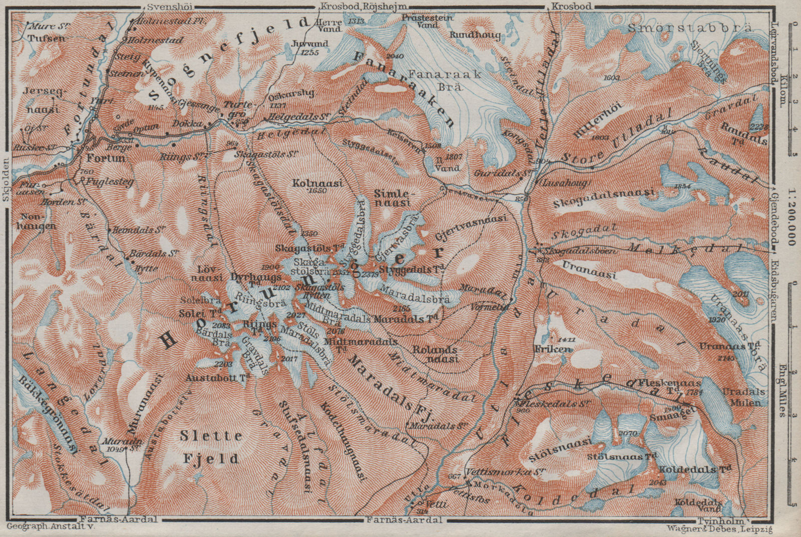 HURRUNGANE MOUNTAINS. Hurrungene Hurrungadn Horungane Topo-map. Norway 1909